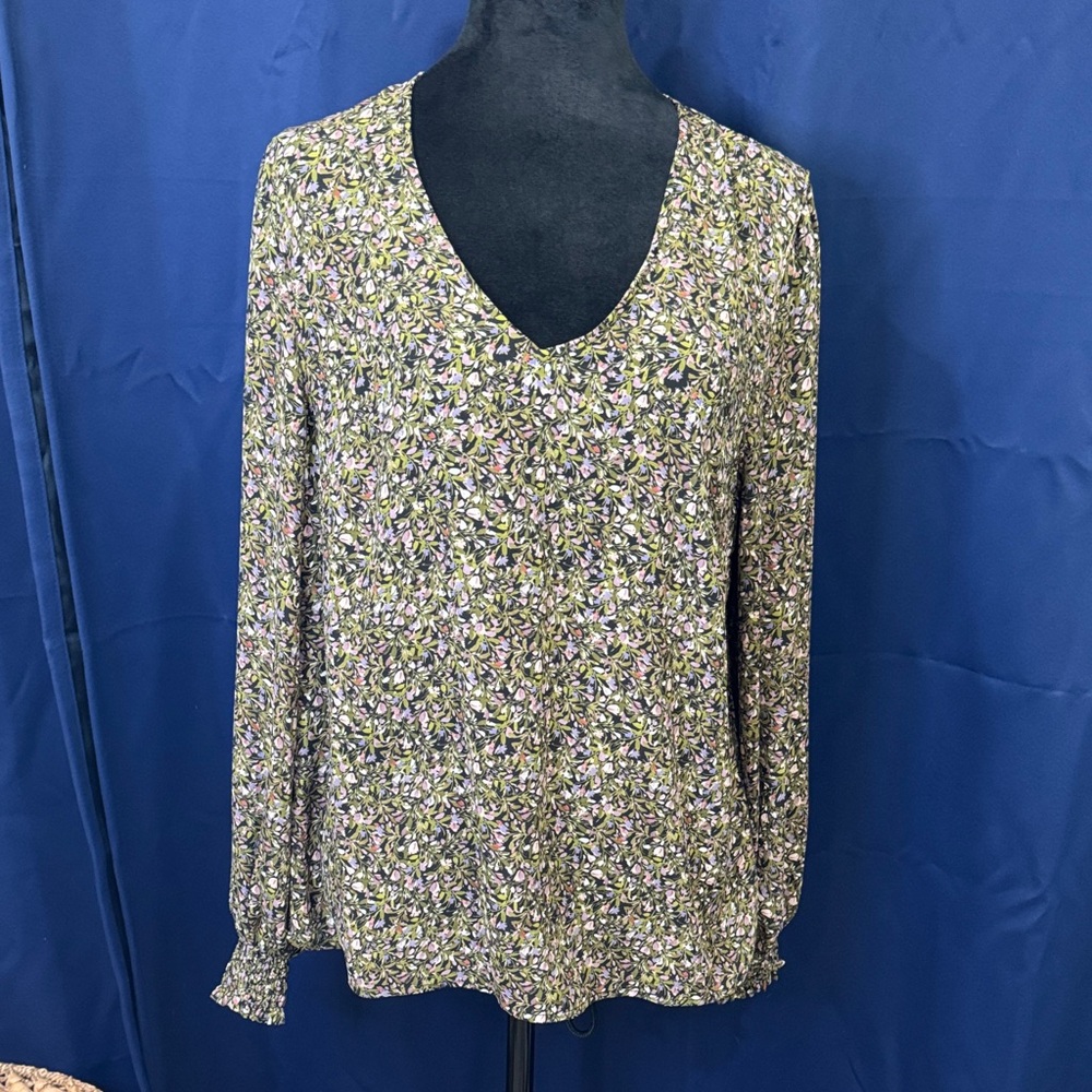 CAbi Floral V-Neck Blouse in Green and Purple